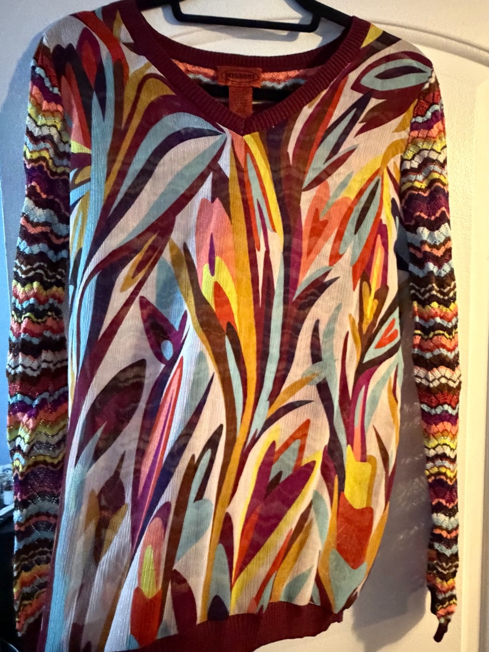 Missoni Multicolor Chevron Knit Top with Burgundy Trim